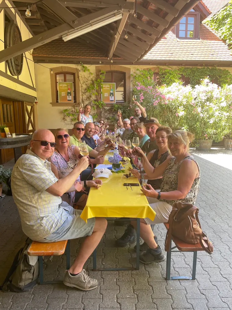 Firmengruppe stößt mit Weingläsern im sonnigen Weingutshof an